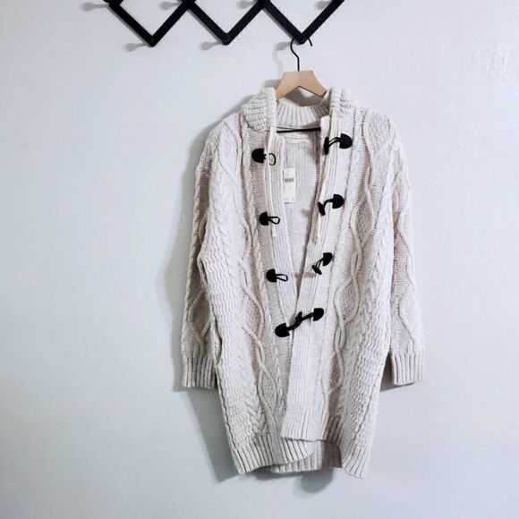 Anthropologie Nordic Hooded Cable-Knit Cardigan In Sand (Ivory) Size XS/S NWT - Picture 6 of 10